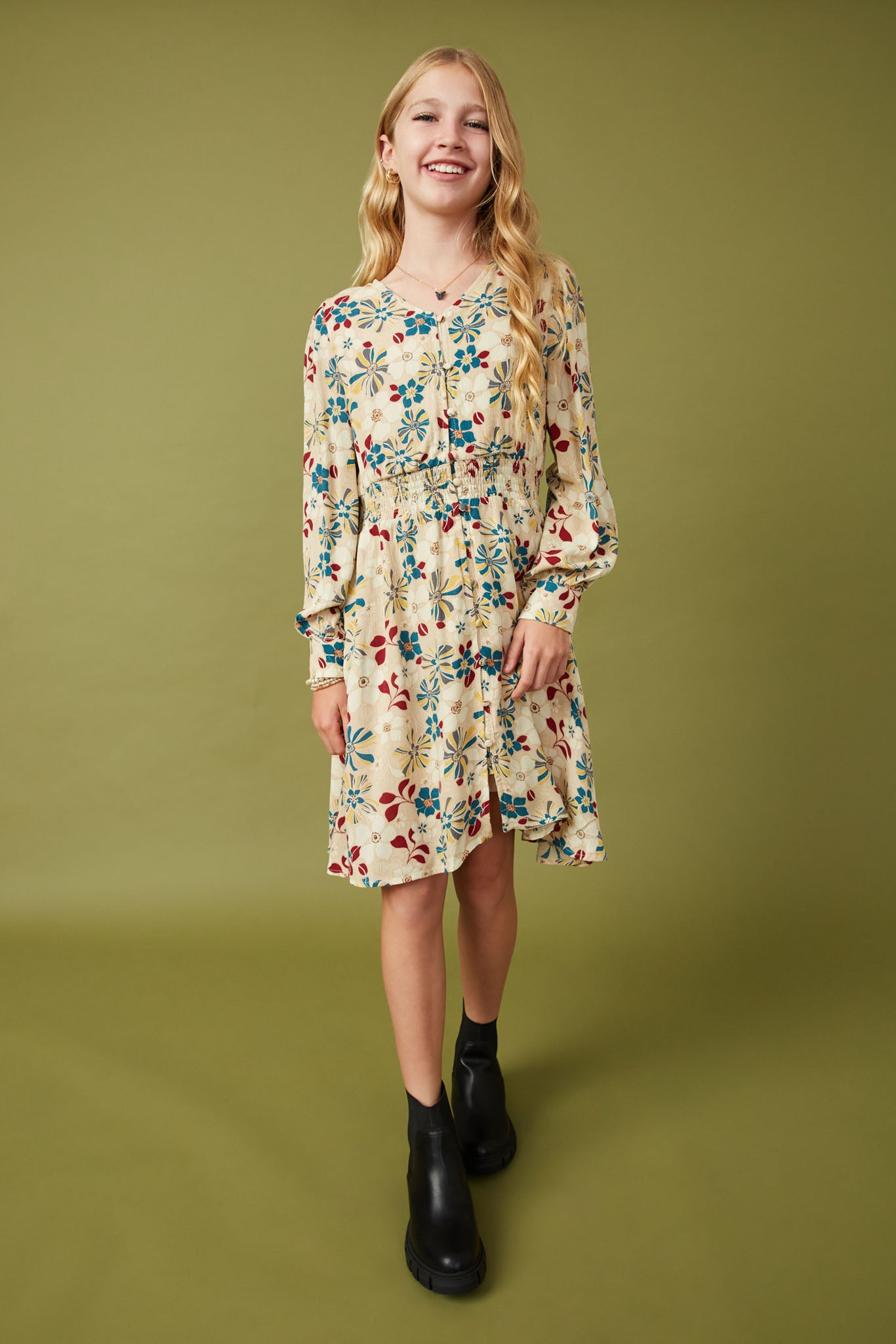 Floral Print Button Up V Neck Smock Detail Dress