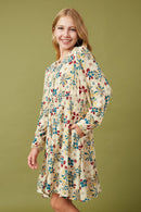 Girls Floral Print Button Up V Neck Smock Detail Dress Side