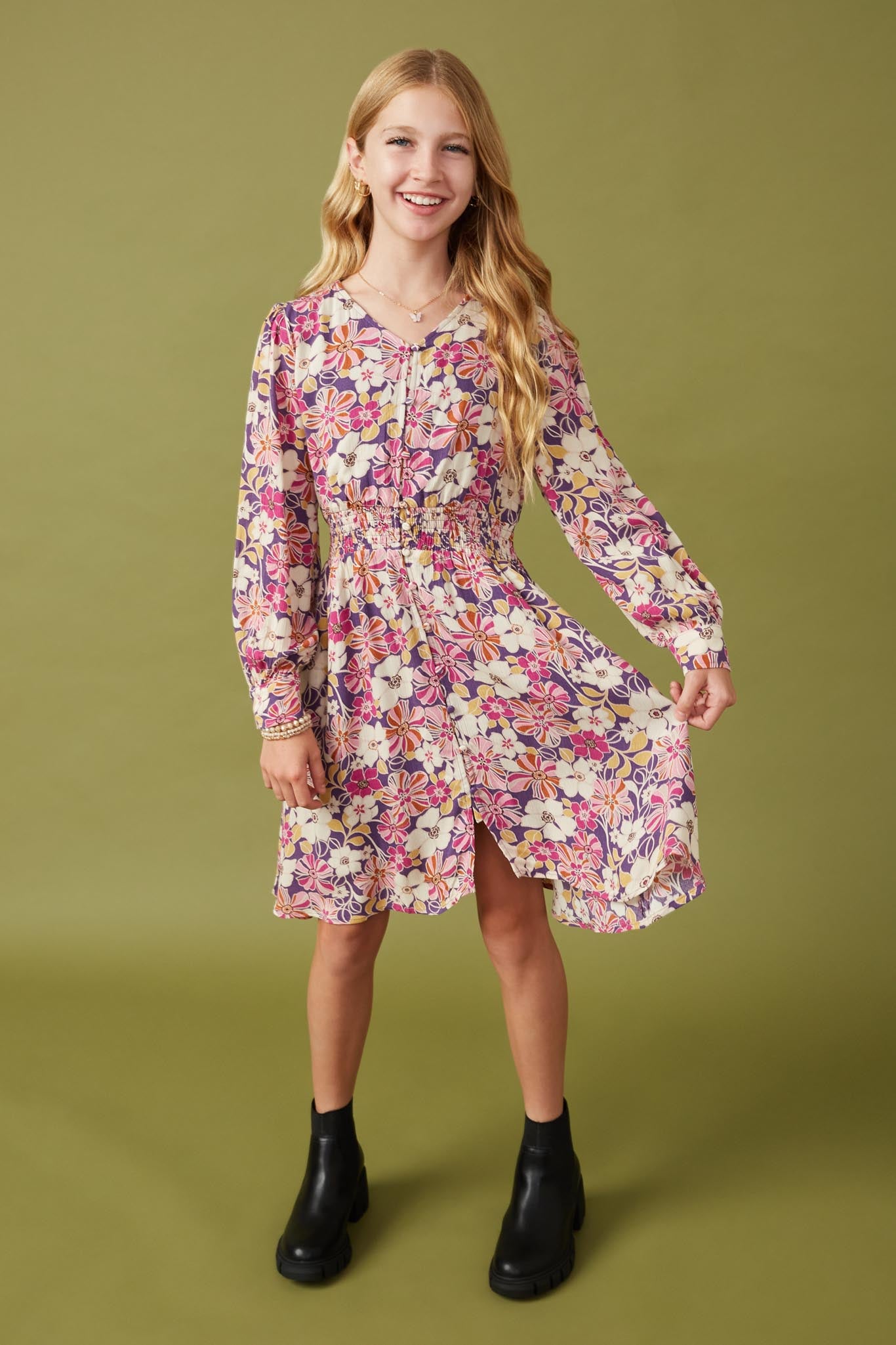 Girls Floral Print Button Up V Neck Smock Detail Dress Front