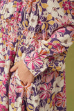 Girls Floral Print Button Up V Neck Smock Detail Dress Full Body