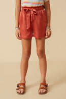 GY7555 Rust Girls Textured Satin Belted Shorts Front