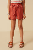 GY7555 Rust Girls Textured Satin Belted Shorts Front