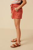 GY7555 Rust Girls Textured Satin Belted Shorts Detail