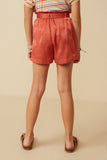 GY7555 Rust Girls Textured Satin Belted Shorts Back