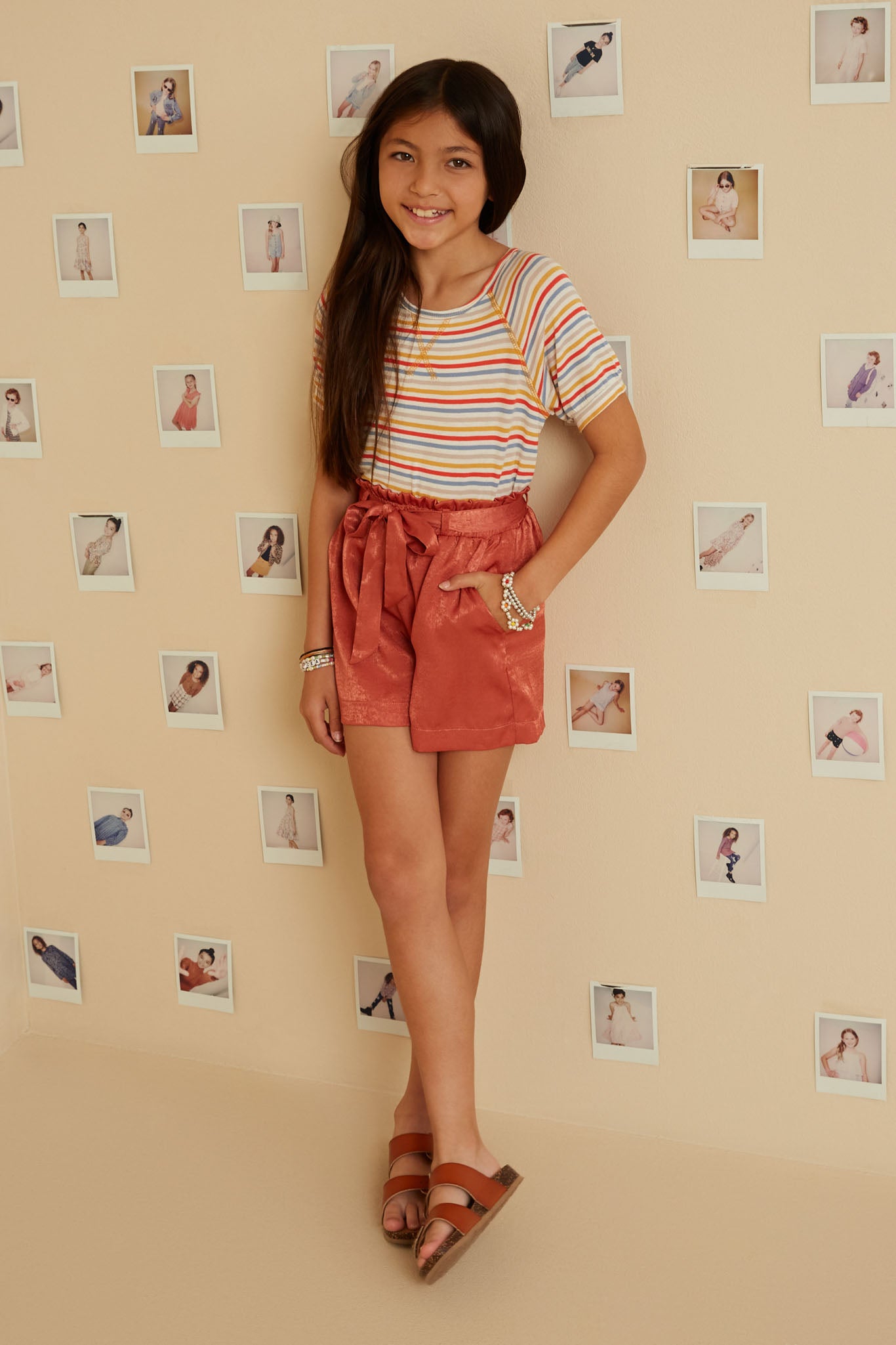 GY7555 Rust Girls Textured Satin Belted Shorts Full Body