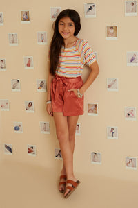 GY7555 Rust Girls Textured Satin Belted Shorts Full Body