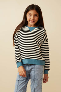 Girls Contrast Banded Detail Ribbed Stripe TopFront