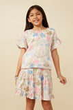 GY7588 Ivory Girls Floral Ruffle Sleeve Foiled Top Front