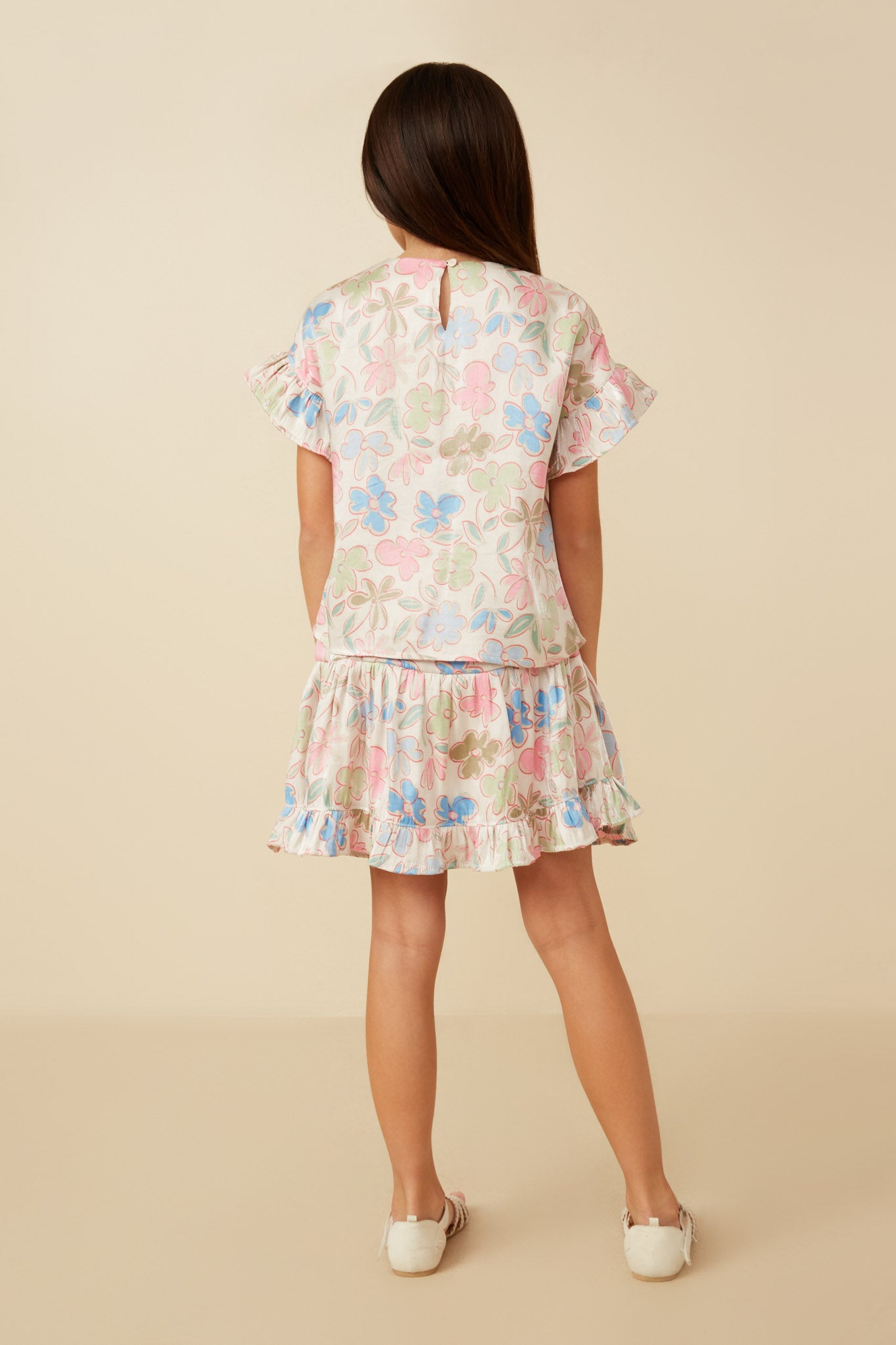 GY7588 Ivory Girls Floral Ruffle Sleeve Foiled Top Baxck