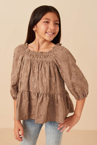 GY7592 Taupe Girls Brushed Floral Detailed Puff Sleeve Square Neck Top Pose