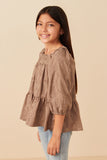 GY7592 Taupe Girls Brushed Floral Detailed Puff Sleeve Square Neck Top Side