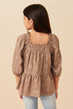 GY7592 Taupe Girls Brushed Floral Detailed Puff Sleeve Square Neck Top Back