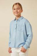 GY7594 Light Denim Girls Long Sleeve Chest Pocket Tencel Polo Shirt Side