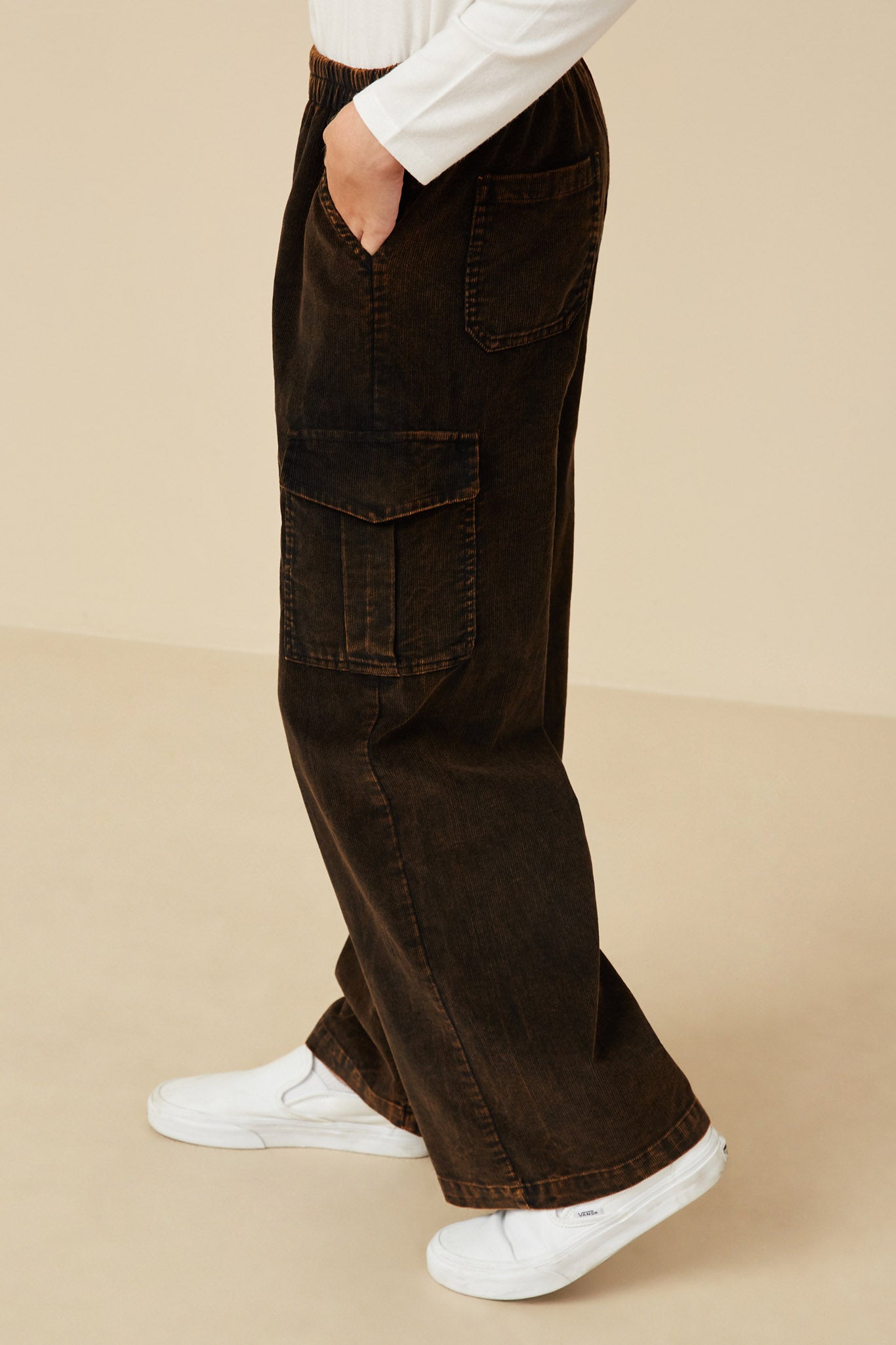 Washed Corduroy Wide Leg Cargo Pants
