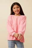 GY7608 Pink Girls Textured Brushed Rib Puff Sleeve Peplum Knit Top Pose