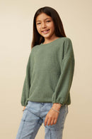 Girls Brushed Ribbed Puff Sleeve Knit Top Pose