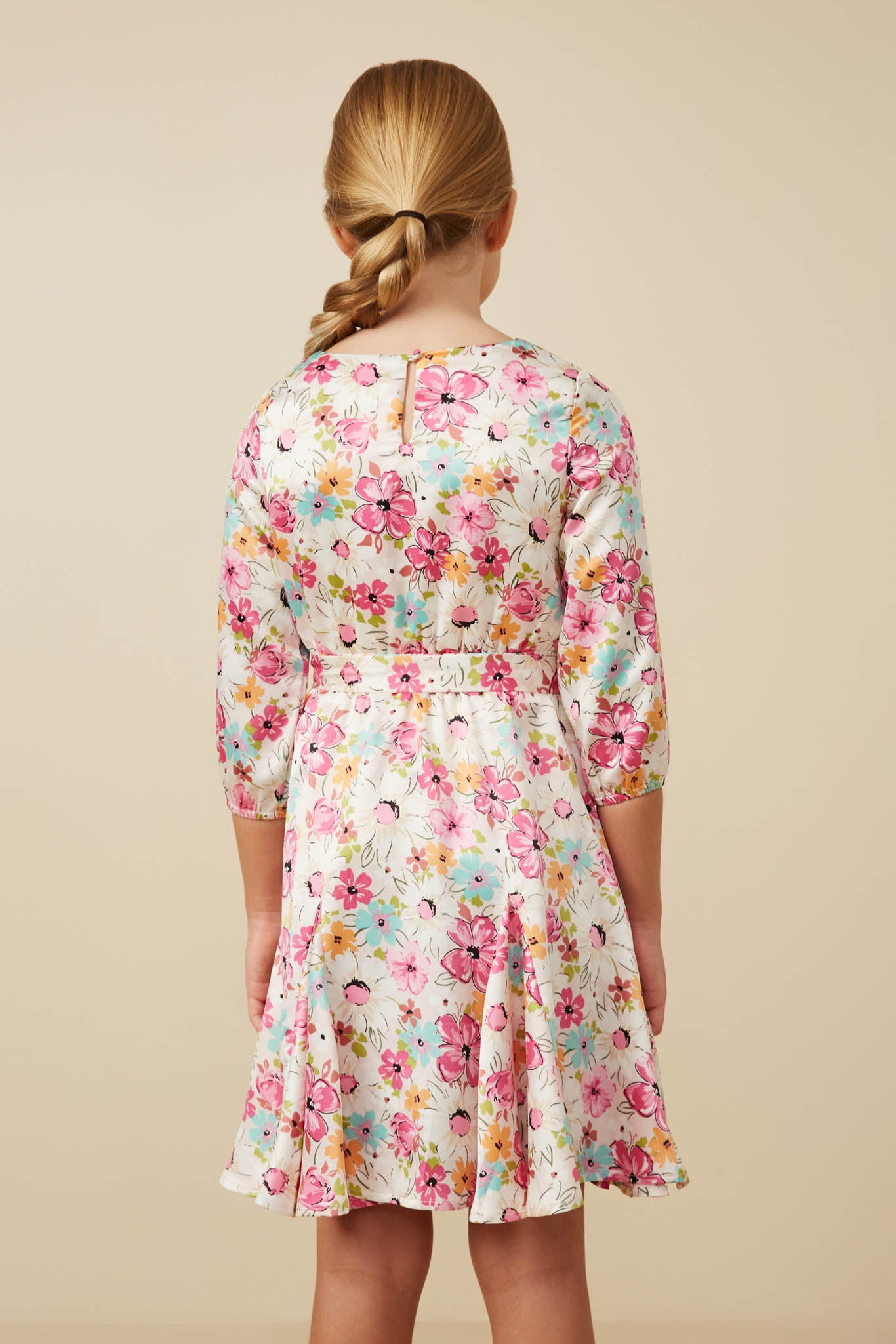 GY7627 Ivory Girls Satin Floral Long Sleeve Belted Flare Skirt Dress Back