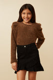 GY7634 Brown Girls Checkered Mohair Accent Shoulder Knit Top Pose