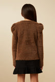 GY7634 Brown Girls Checkered Mohair Accent Shoulder Knit Top Back