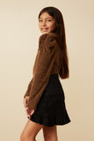 GY7634 Brown Girls Checkered Mohair Accent Shoulder Knit Top Pose