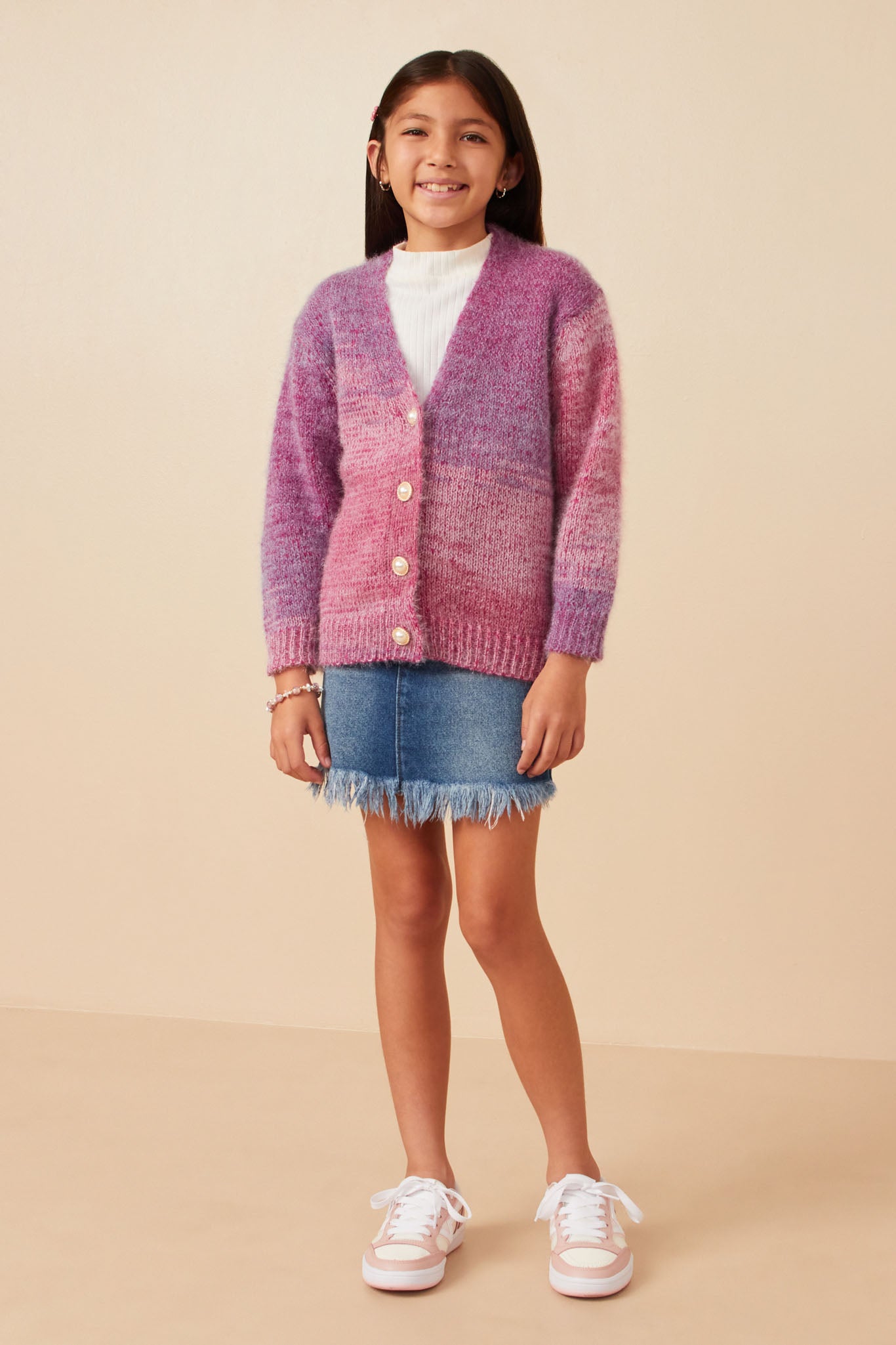 GY7643 Purple Girls Lurex Mix Statement Button Cropped Sweater Cardigan Full Body