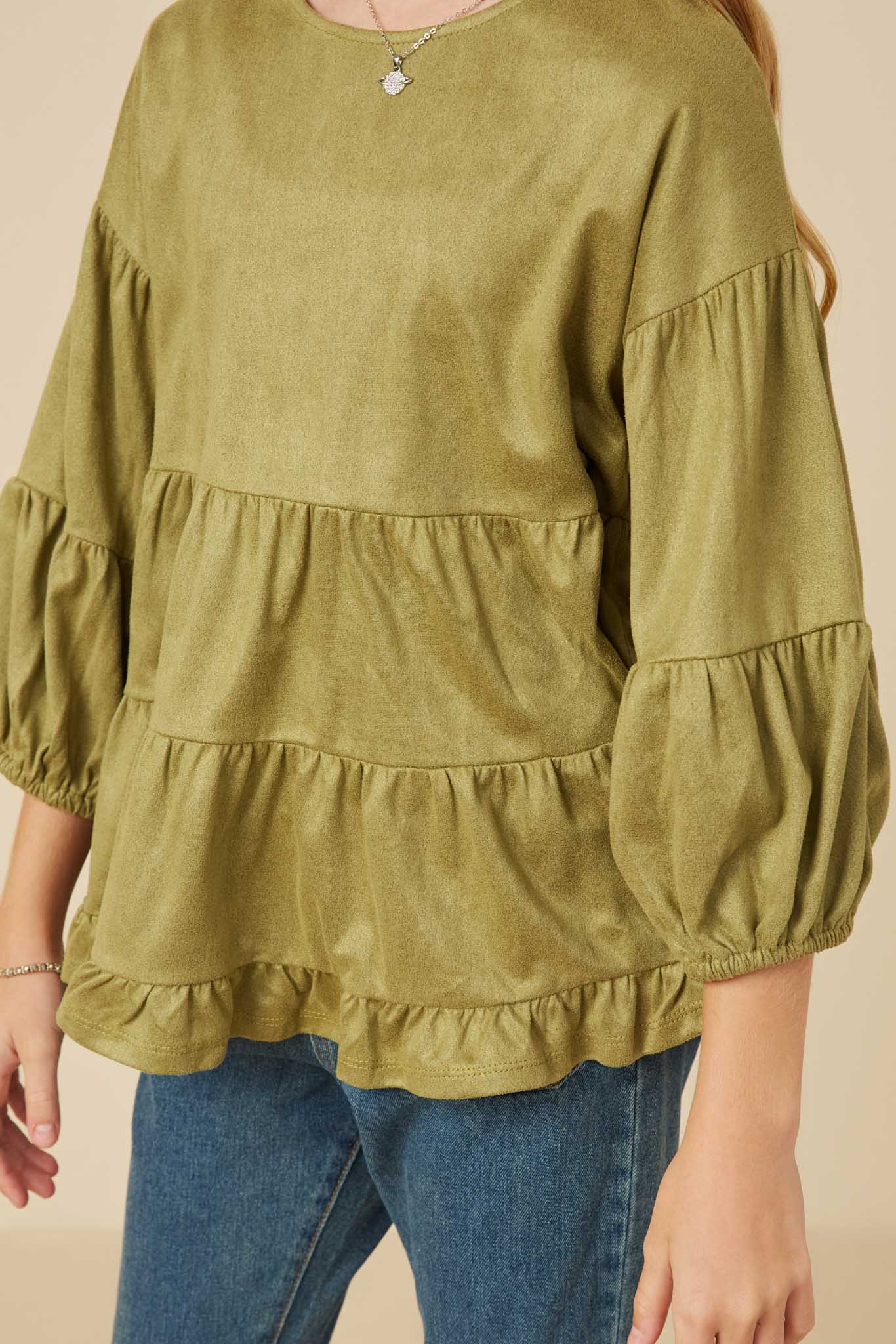GY7663 Olive Girls Vegan Suede Tiered Puff Sleeve Top Detail