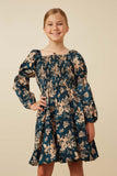 Girls Floral Peasant Sleeve Square Neck Dress Front