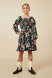 Girls Floral Peasant Sleeve Square Neck Dress Full Body