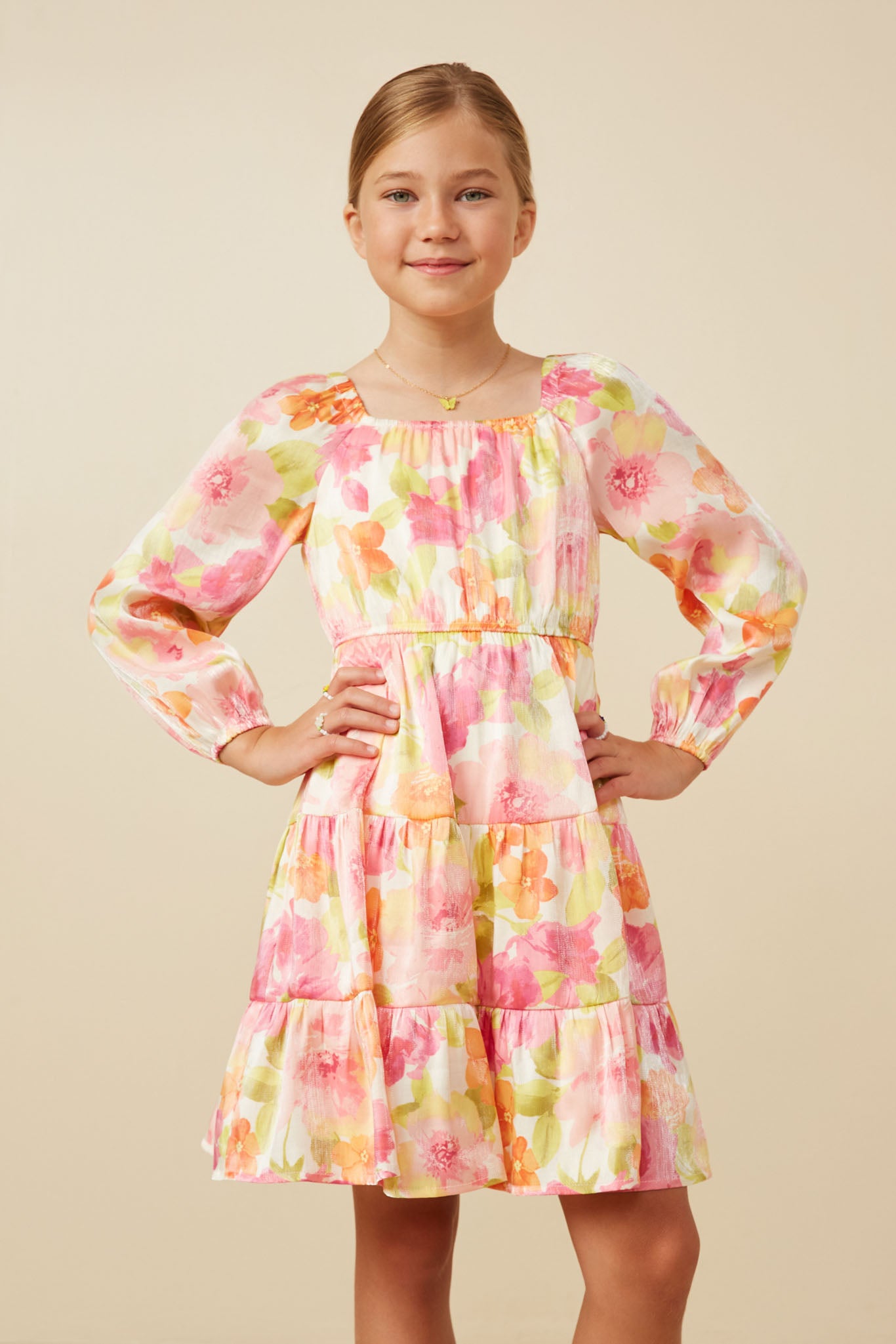GY7674 Pink Mix Girls Lurex Floral Square Neck Peasant Sleeve Dress Front