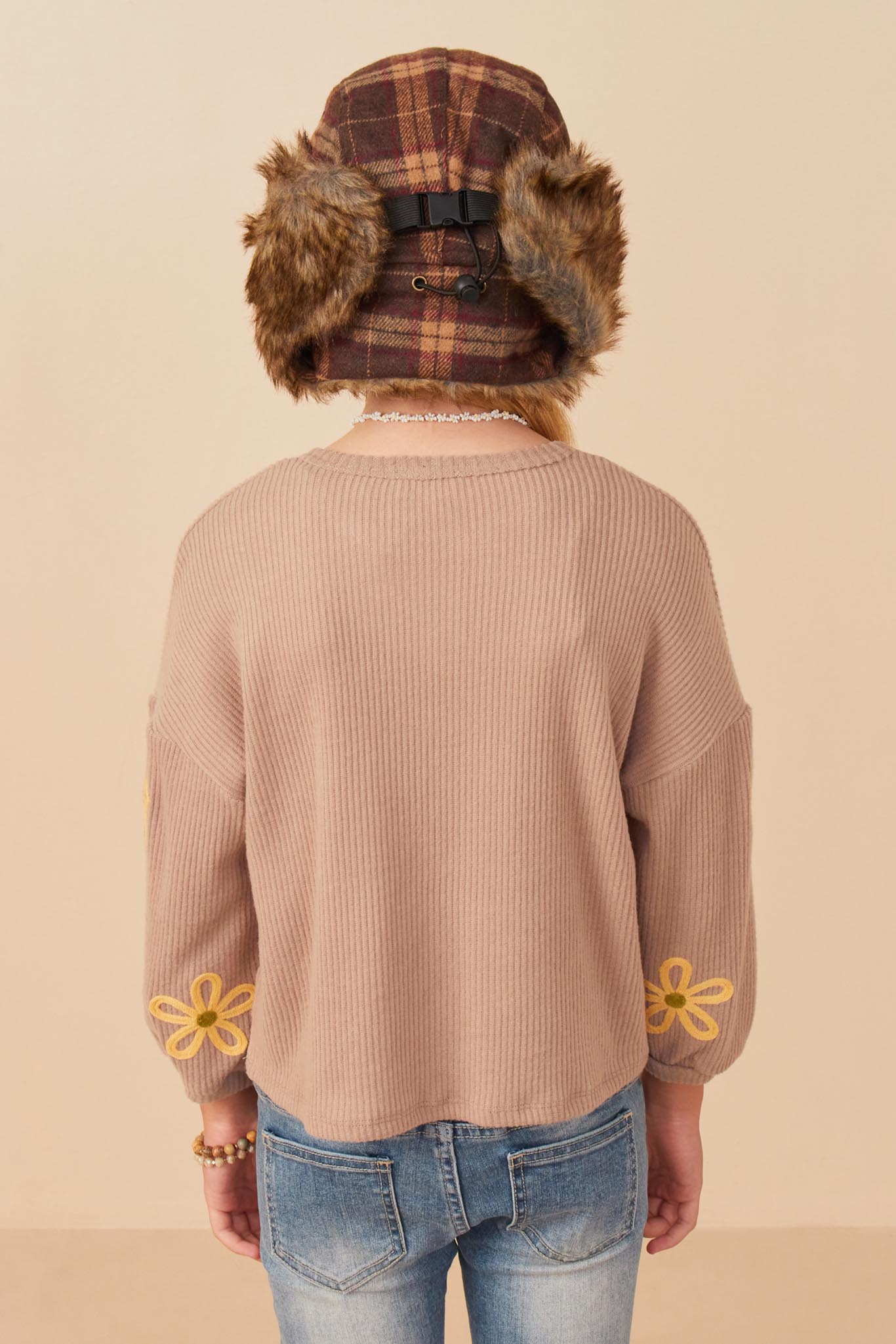 Girls Brushed Rib Knit Embroidered Daisy Top Back