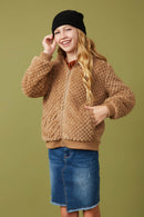 GY7687 Mocha Girls Quilted Plush Hooded Jacket Front