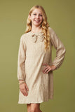 GY7721 Taupe Girls Bow Detail Textured Long Sleeve Dress Front