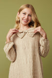 GY7721 Taupe Girls Bow Detail Textured Long Sleeve Dress Front 2