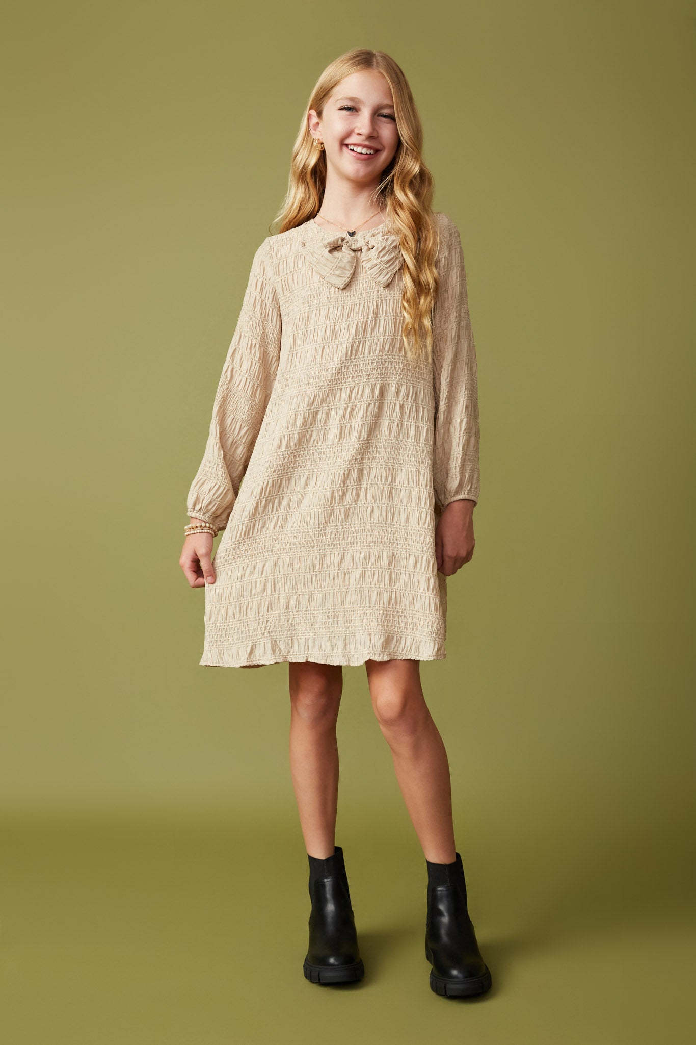 Girls Bow Detail Long Sleeve Dress | Cute Girls' Clothes Taupe / S Taupe *Girl's Dresses Midi Dresses Hayden Girls Girls Bow Detail Long Sleeve Dress | Cute Girls' Clothes Taupe / S Taupe *Girl's Dresses Midi Dresses Hayden Girls