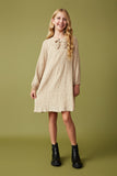 GY7721 Taupe Girls Bow Detail Textured Long Sleeve Dress Full Body