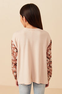 Girls Botanical Contrast Heart Patch French Terry Knit Top Back