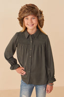 Girls Smocked Yoke Garment Washed Tencel Tunic Pose