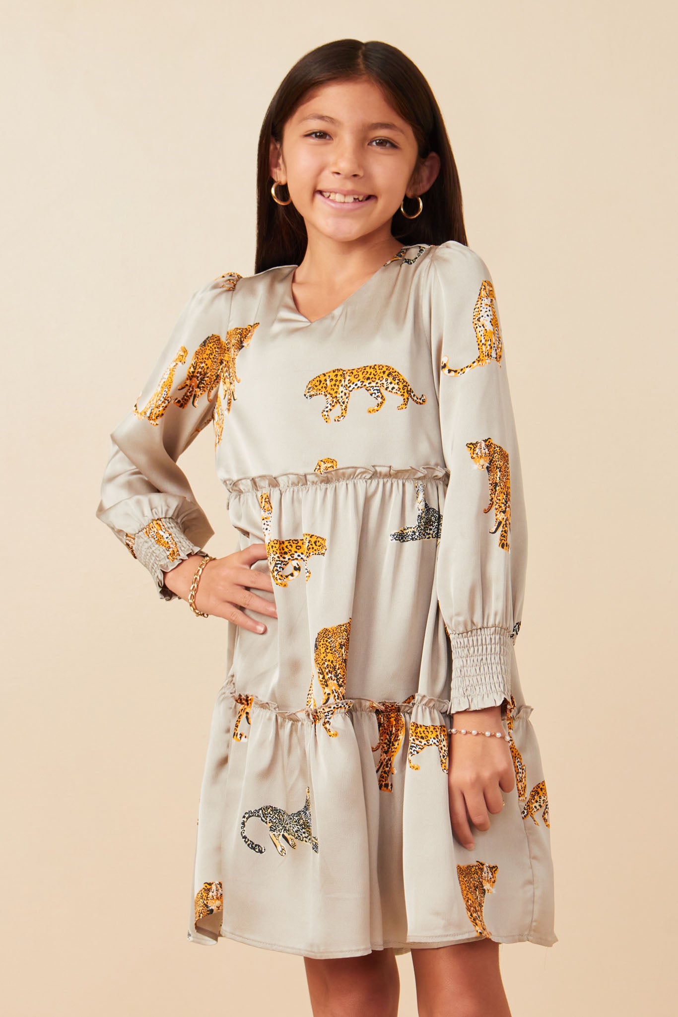 Leopard Printed Smocked Cuff V Neck Satin Dress