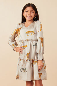 Girls Leopard Printed Smocked Cuff V Neck Satin Dress Pose