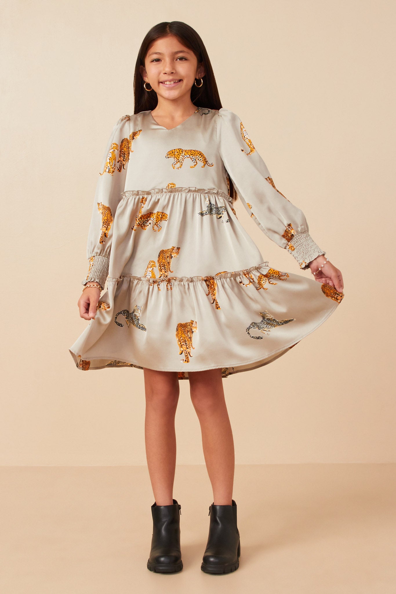 Leopard Printed Smocked Cuff V Neck Satin Dress