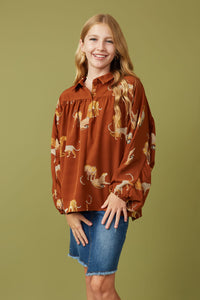 Girls Cheetah Print Dolman Sleeve Collared Top Front