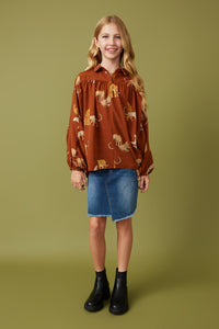 Girls Cheetah Print Dolman Sleeve Collared Top Full Body