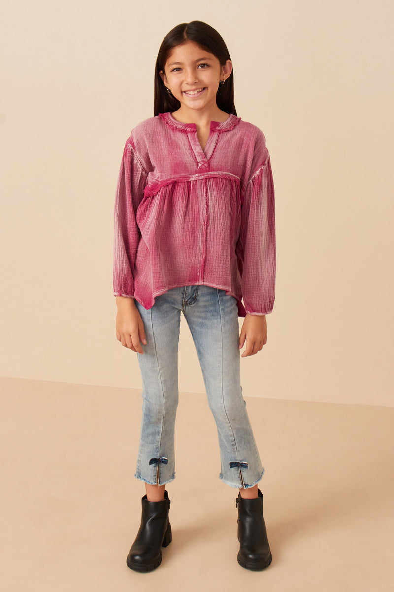 Girls Washed Raw Edge Puff Sleeve Peplum Top Full Body