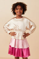 GY7783 Pink Mix Girls Color Block Tiered Skirt Satin Dress Front