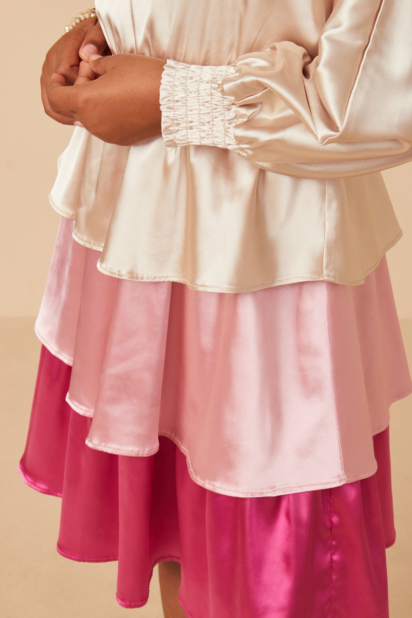 GY7783 Pink Mix Girls Color Block Tiered Skirt Satin Dress Details