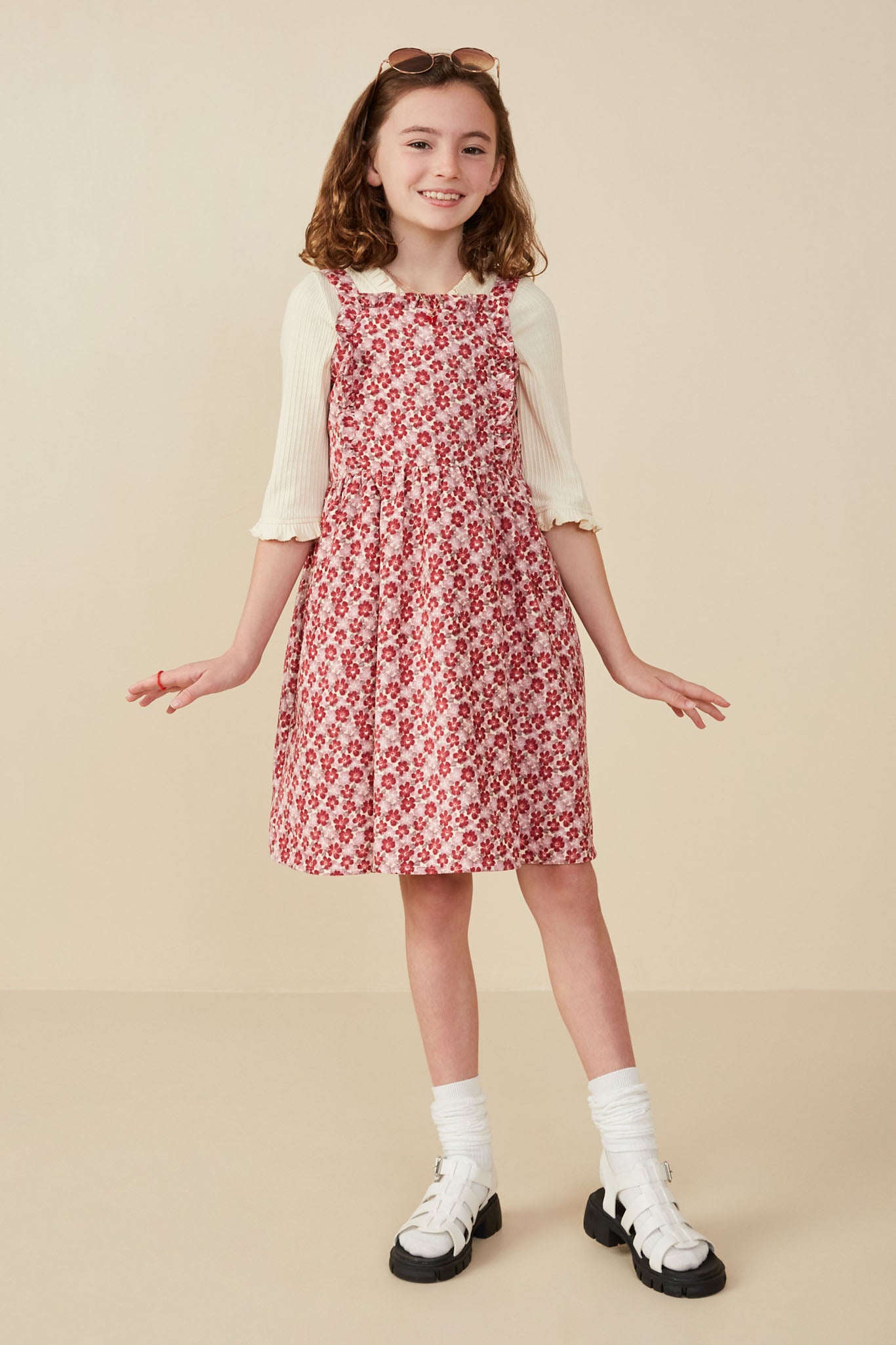 girls pink and green floral corduroy dress fall winter 2pcs Young Girls Knit Long Sleeve Top And Corduroy Flower Decor Pinafore Dress Set, Casual Outfits For Autumn/Winter