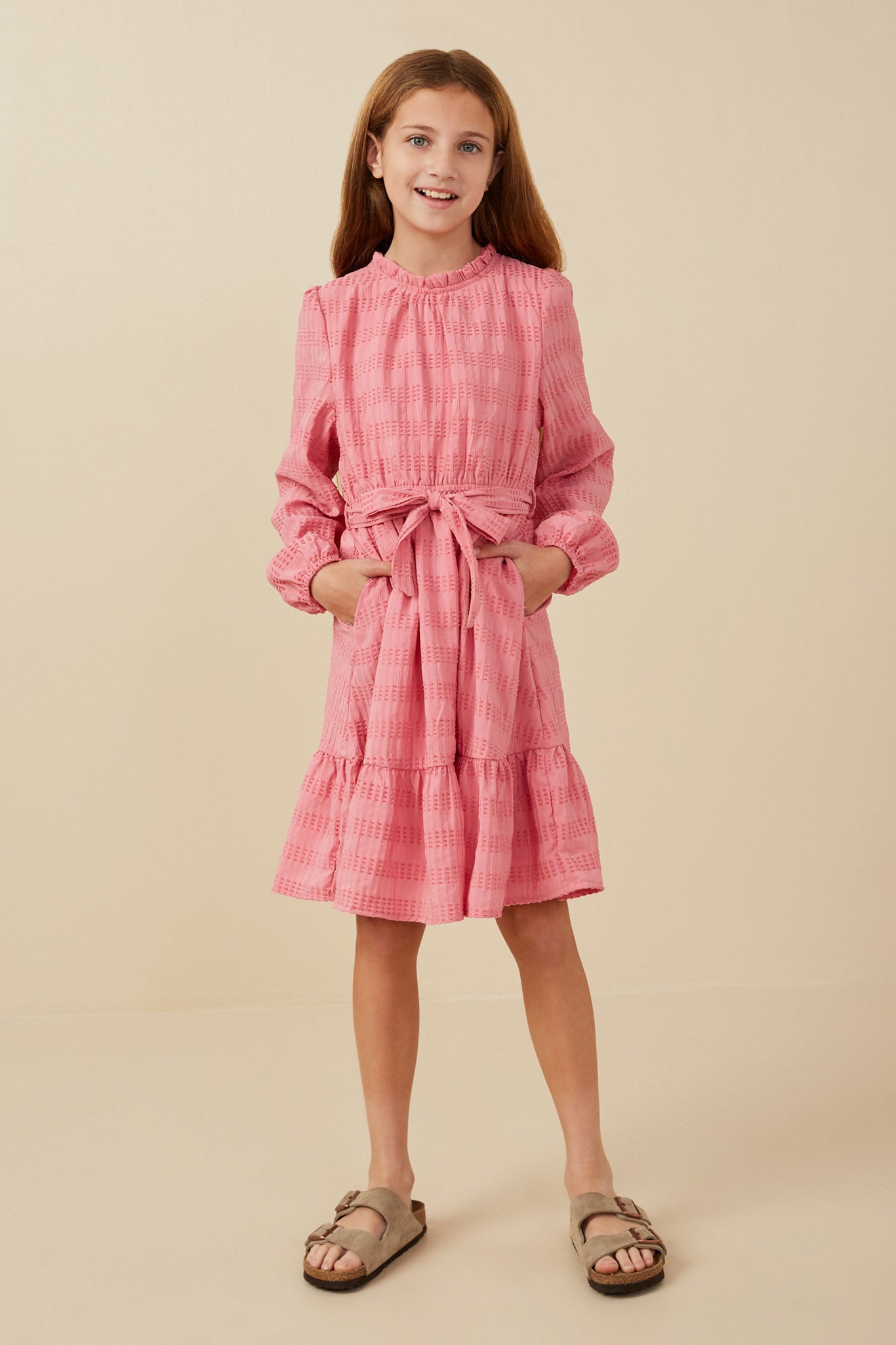 Textured Long Sleeve Belted Knit Dress
