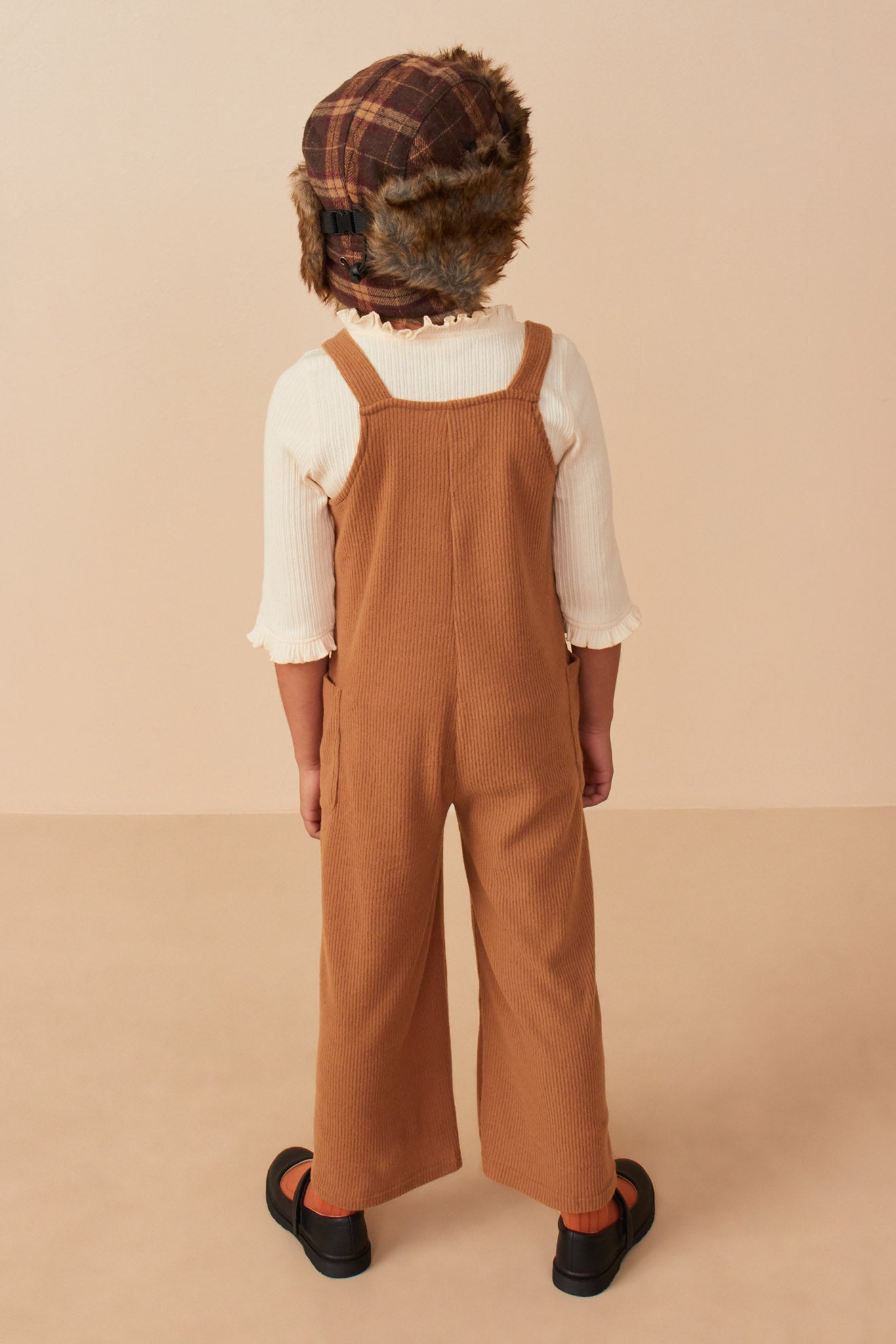 Girls Brushed Rib Path Pocket Wide Leg Overalls Back