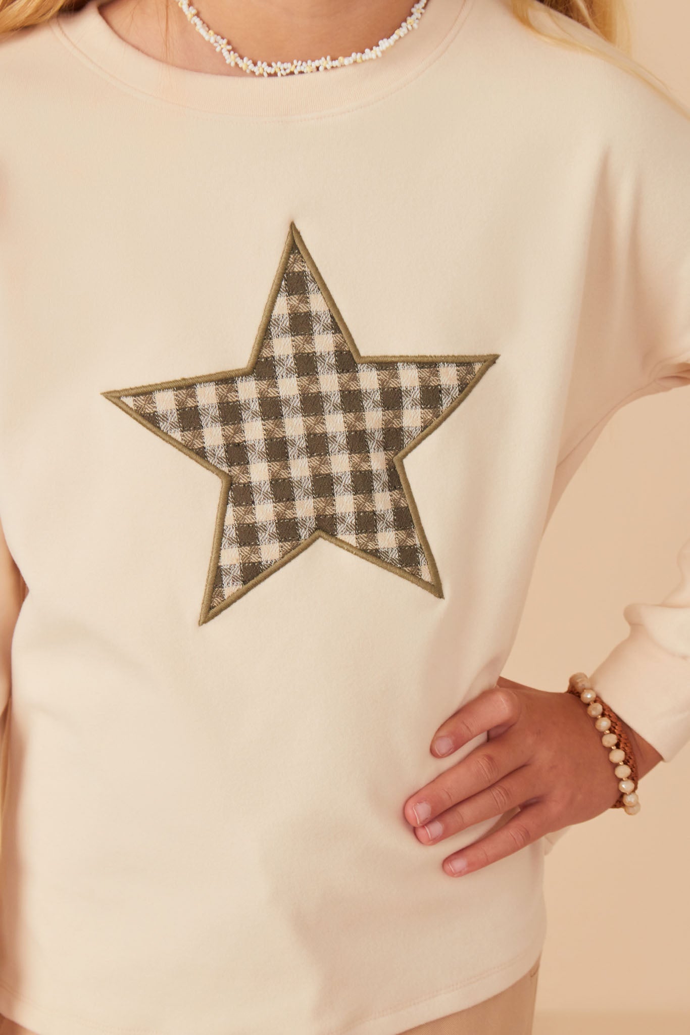 Girls Houndstooth Star Embroidered Patch Brushed Knit Top Detail