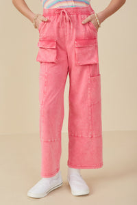 GY7814 PINK Girls Washed Cargo Pocket Detail Wide Leg Knit Pants Front